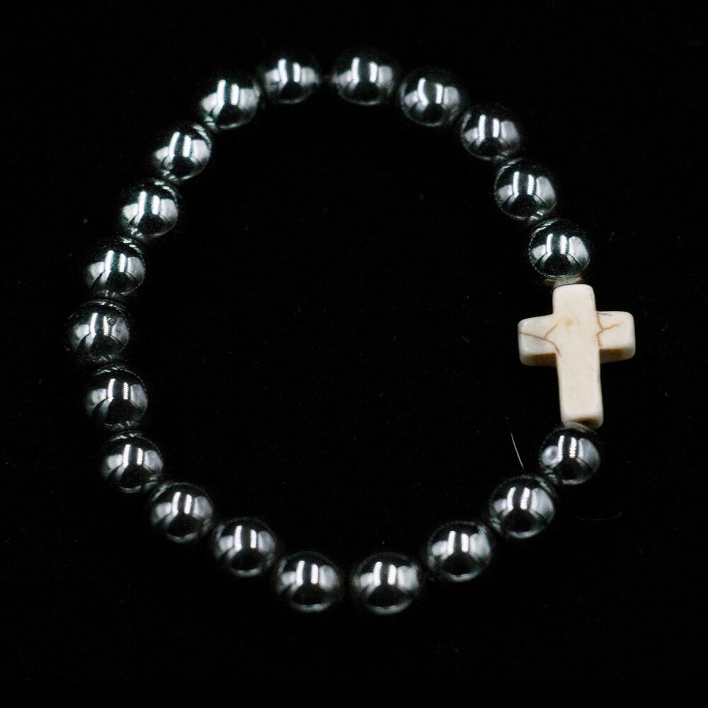 HEMATITE BEAD & WHITE CROSS STRETCH BRACELET - JBHGXW1
